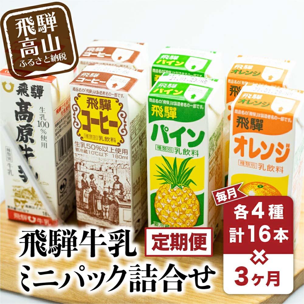 【ふるさと納税】乳飲料 詰め合わせ 定期便 3ヶ月 セット合計: 48本 ( 180ml × 16本 × 3ヶ月 ) 4種 飛騨牛乳 コーヒー牛乳 フルーツ牛..