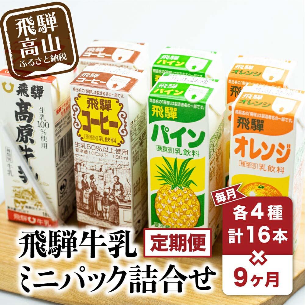 【ふるさと納税】乳飲料 詰め合わせ 定期便 9ヶ月 セット合計: 144本 ( 180ml × 16本 × 9ヶ月 ) 4種 飛騨牛乳 コーヒー牛乳 フルーツ牛乳 岐阜 高山市 飛騨高山 岐阜県 | スイーツ パックジュース 送料無料 お取り寄せ 人気 お楽しみ おすすめ