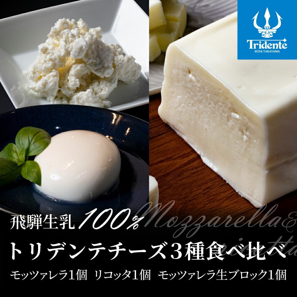 【ふるさと納税】飛騨生乳100% トリデンテチーズ3種食べ比べ(モッツアレラ1個 リコッタ1個 モッツァレラ生ブリック1個)| モッツァレラリコッタ 冷蔵 サラダ お菓子 前菜 サラダ 新鮮 生乳 国産 低温殺菌 乳製品 無添加 飛騨高山 チーズ工房トリデンテ LF008