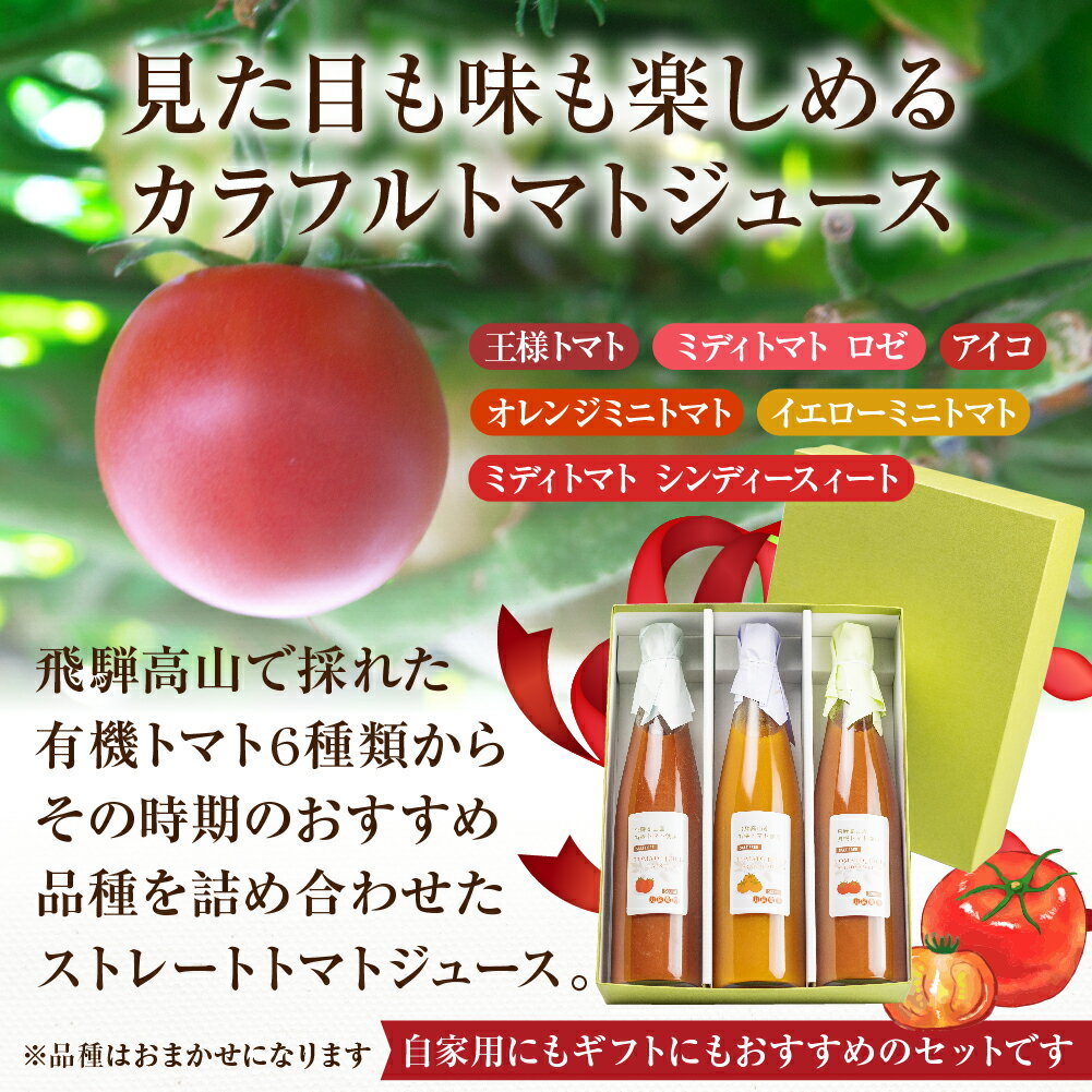 【ふるさと納税】飛騨高山で採れた有機栽培トマトを使って作ったトマトジュース（12本セット） ※数量限定※ 無添加 砂糖・塩・保存料不使用 種類おまかせ 品種色々 熨斗 のし ギフト TR3722