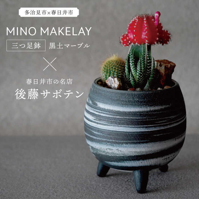 【ふるさと納税】多治見市×春日井市コラボ 【美濃焼】 MINO MAKELAY 三つ足鉢 黒土マーブル × 【日本有数のサボテンの生産地】春日井市の名店 後藤サボテン 【井澤コーポレーション】 [TBP162]