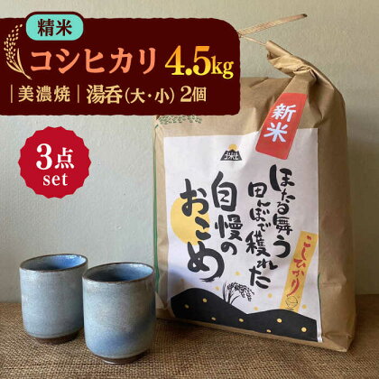 【令和5年産：精米】 特別栽培米 コシヒカリ （5kg） + 【美濃焼】 青雲かいらぎ 湯呑 大・小 【山松加藤松治郎商店】[TEU031]