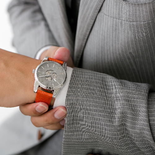 【ふるさと納税】MUSHA Damascus Watch SAMURAI 【orange】 〜ダマスカス鋼 腕時計〜　D300-12 〜高級、一点もの、独特の模様、ユニーク、機械式、オレンジ、橙、男性、メンズ