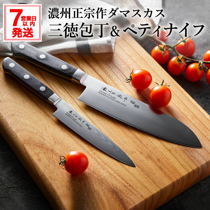【ふるさと納税】H25-104 濃州正宗作 ダマスカス包丁2点セット（プロフェッショナル） 三徳包丁17cm ペティナイフ13.5cm 一体型 包丁セット 樹脂ハンドル 佐竹産業 おしゃれ キッチン用品 調理器具 日本製 引越し 新生活 贈り物・ギフト 送料無料【7営業日以内に発送】のサムネイル