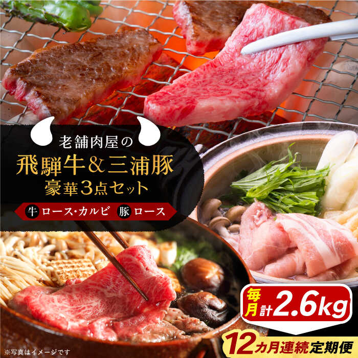 【ふるさと納税】【12回定期便】 牛肉 飛騨牛ロース1kg カルビ700g 三浦豚ロース900g 豪華3点セット 各種類1パック しゃぶしゃぶ・焼肉 和牛 国産...