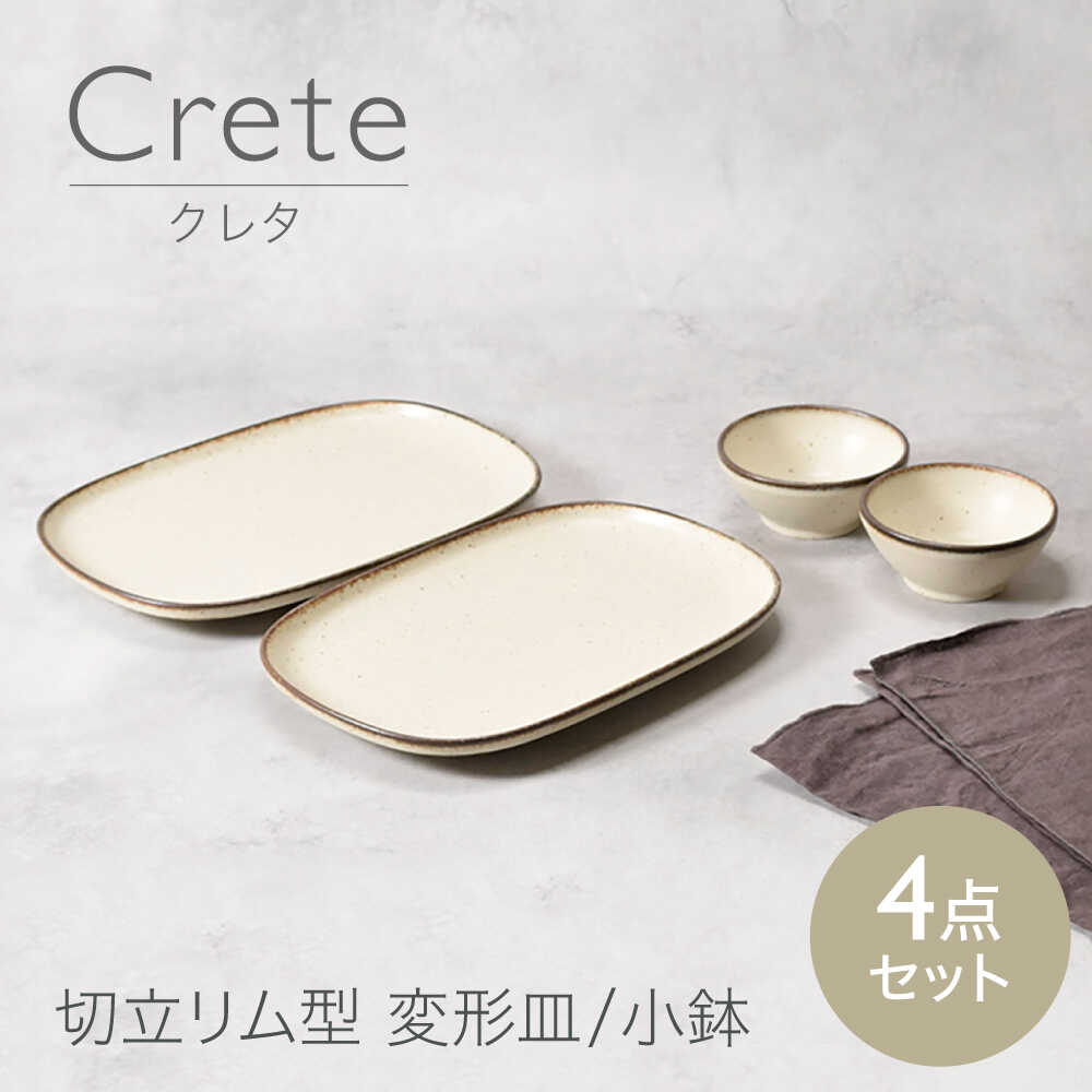 [美濃焼]クレタ 切立リム型 変形皿 2点 & 小鉢 2点 合計4点セット [カネ定製陶] プレート ボウル セット
