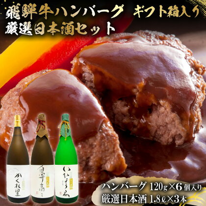 2-7　飛騨牛 ハンバーグ120g×6個入 ギフト箱入り + 厳選日本酒1.8L×3本