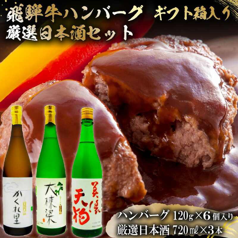 3-7 飛騨牛 ハンバーグ120g×6個入 ギフト箱入り + 厳選日本酒720ml×3本