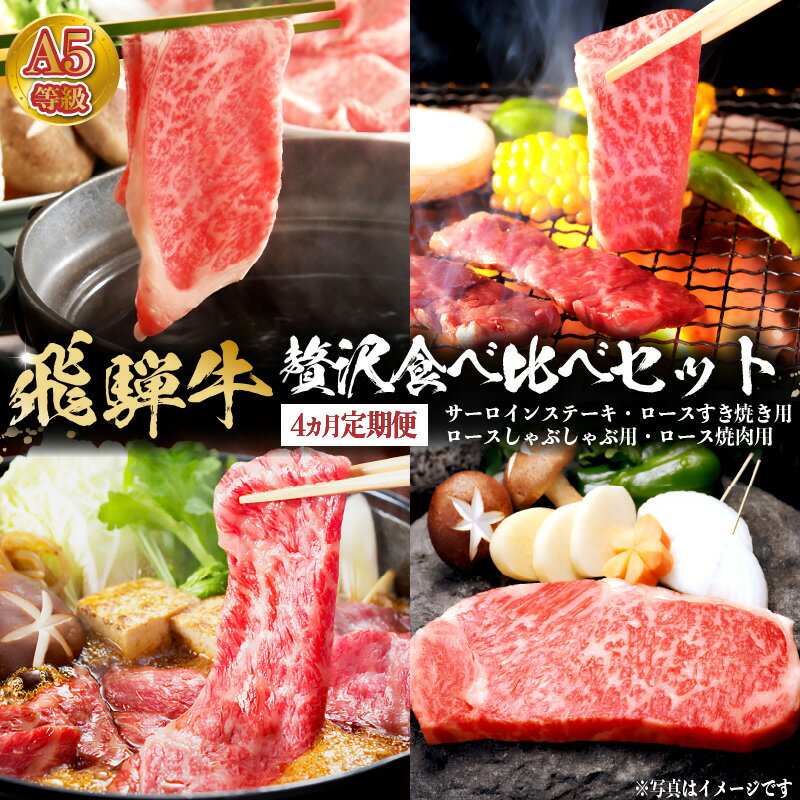 【ふるさと納税】A5等級　飛騨牛贅沢食べ比べセット　定期便 ※4回に分けてのお届けとなります。（サーロインステーキ680g・ロースすき焼き用750g・ロースしゃぶしゃぶ用750g・ロース焼肉用750g）のサムネイル