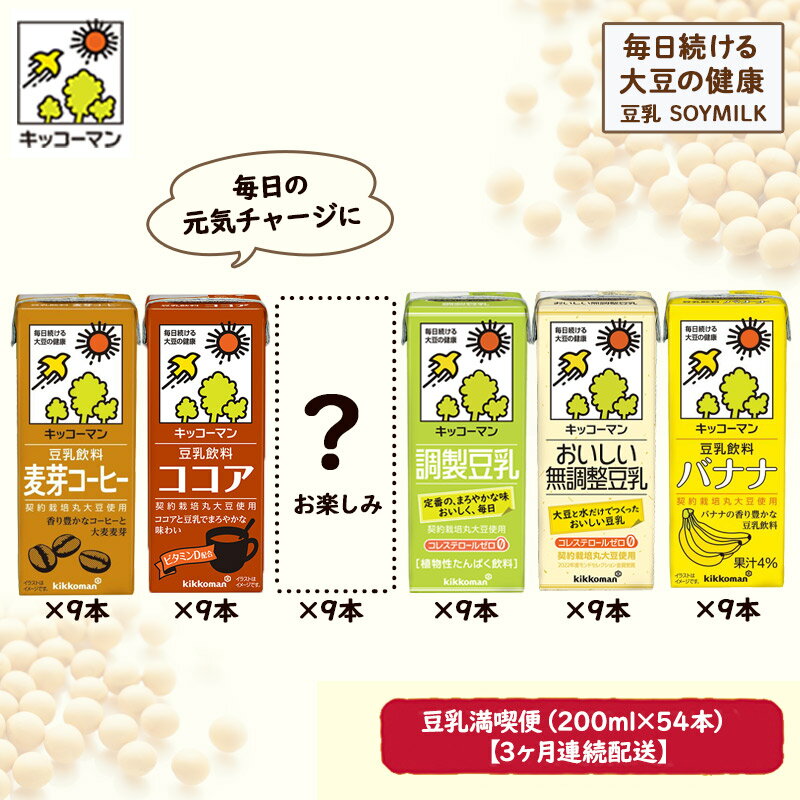 【ふるさと納税】キッコーマン お楽しみ付き 豆乳満喫便 200ml 54本セット【3ヶ月連続】　【定期便・加工食品 乳飲料 ドリンク 美容】　お届け：寄附金のご入金確認の翌月以降、初回発送から3ヶ月連続でお届けします。