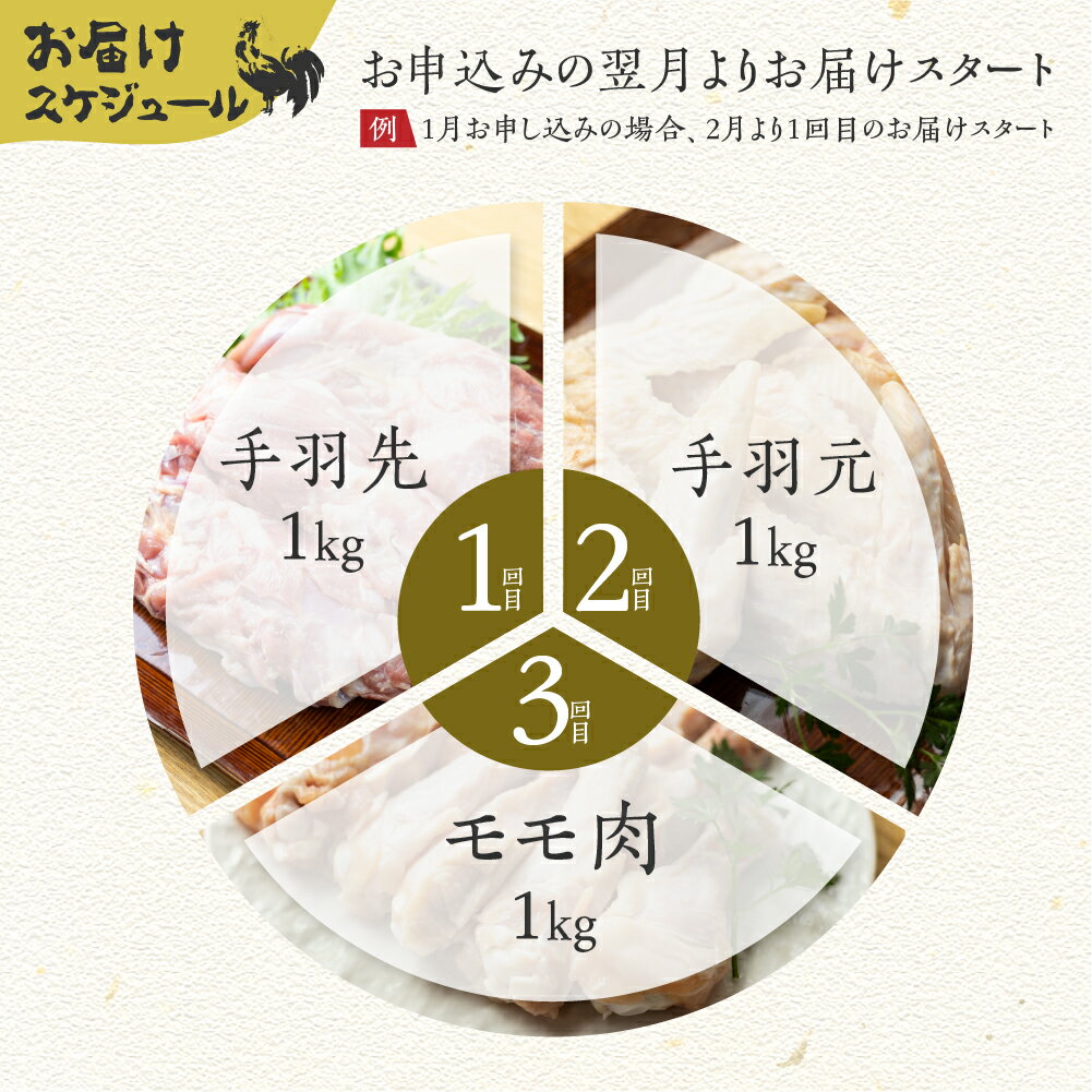 【ふるさと納税】鶏肉 定期便 お楽しみ 地鶏 定期便3回 飛騨地鶏 モモ肉1kg・手羽先1kg・手羽元1kg 国産 国産地鶏[Q2619] 25000円 どやな飛騨市
