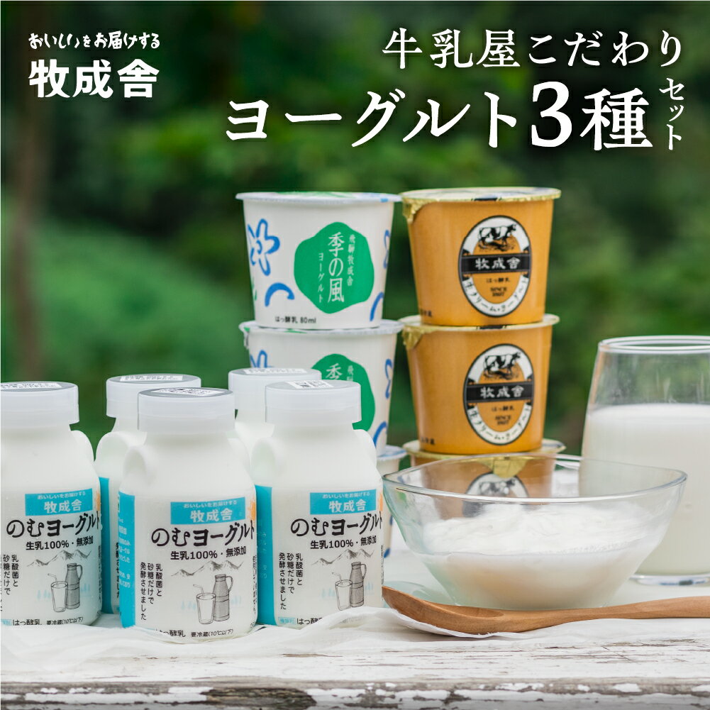 商品説明名称乳製品 商品詳細 牧成舎のヨーグルト全種類を少量ずつ詰めたバラエティーなセット。 濃厚で滑らかな「生クリームヨーグルト」、さっぱり爽やかな「季の風ヨーグルト」、生乳100％無添加の「のむヨーグルト」など個性の違ういろんな味のヨーグルトを楽しめます。 生乳は自社牧場と契約酪農家の新鮮な飛騨産生乳を使用。 3時のおやつに、朝食に、食後のデザートに。 2歳のお客様も、ご老人の方も、老若男女皆様食べられます。 内容量のむヨーグルト150ml×5本 生クリームヨーグルト90ml×3個 季の風ヨーグルト80ml×3個 計11点原材料 各個包装裏面に記載消費期限ヨーグルト9日以上 保存方法 冷蔵発送方法冷蔵備考ご不在日がある場合は、備考欄にご入力ください。アレルギー乳、ゼラチン取扱事業者 有限会社牧成舎　 0577−73−2226 岐阜県飛騨市 ------------------------------------------------- ・ふるさと納税よくある質問はこちら ・寄附申込みのキャンセル、返礼品の変更・返品はできません。あらかじめご了承ください。「ふるさと納税」寄付金は、下記の事業を推進する資金として活用してまいります。 寄付を希望される皆さまの想いでお選びください。 入金確認後、注文内容確認画面の【注文者情報】に記載の住所にお送りいたします。 ワンストップ特例申請書は、入金確認後（寄附証明書と同封）年末年始を除く30日以内に住民票住所へお送りいたします。 ご記入後下記宛先へ返送ください。