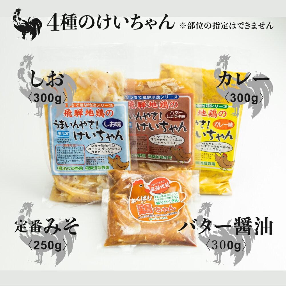 【ふるさと納税】飛騨 地鶏 けいちゃん 4種 味付き 肉 鶏ちゃん ケイチャン 国産 鶏もも肉 鶏モモ 郷土料理 グルメ 食べ比べ カレー味・バターしょうゆ味・しお味・味噌[Q920]10000円 1万円