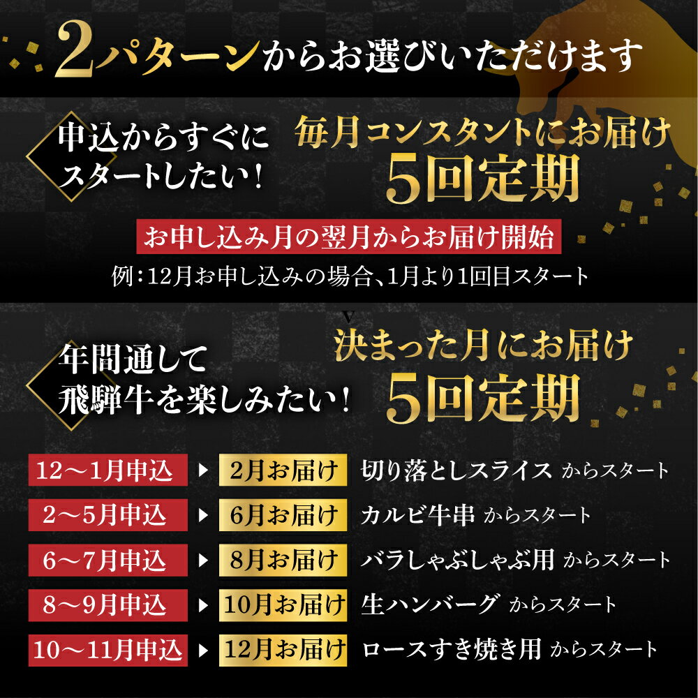 【ふるさと納税】飛騨牛 定期便 5か月 （ スライス すき焼き しゃぶしゃぶ ハンバーグ 牛串） 5回 定期便 お楽しみ 食べ比べ 牛肉 肉 お肉 和牛 人気 定期 [Q1675]60000円 6万円