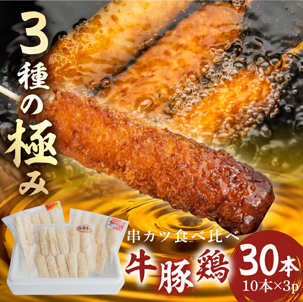 [三幸] 串かつ 3種の極み 30本 ( 10本 × 3 パック ) 小分け 牛肉 赤身 豚肉 ヒレ 鶏肉 胸 ムネ 肉 ヘルシー あっさり 老舗 揚げ くし おつまみ ビールのお供 冷凍 ジューシー お取り寄せ 手作り 串カツ 串揚げ 旨味凝縮 本巣市 [0470] 10000円 1万円