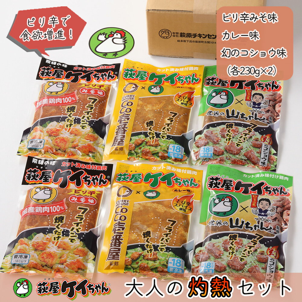 萩屋ケイちゃん 大人の灼熱セット ピリ辛みそ味・カレー味・幻のコショウ味(各230g×2)計6パック 冷凍配送 萩原チキンセンター 贈り物 ギフト 下呂 下呂市 下呂温泉 おすすめ アウトドア 味付け 焼くだけ 鶏肉料理 おかず 惣菜 時短 簡単料理 9000円