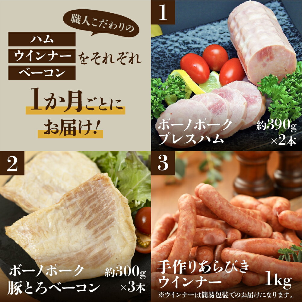 【ふるさと納税】【定期便 3回】飛騨味職人「ボーノポーク満喫定期便」定期 毎月 3カ月 贈答 ギフト ウインナー ハム ベーコン おさだ食品 下呂市 下呂 肉 肉加工品 加工品 贈り物 プレゼント 下呂温泉