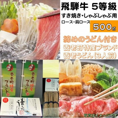 飛騨牛 5等級　すき焼き・しゃぶしゃぶ用　500g(ロース・肩ロース)養老うどん付(3人前)【配送不可地域：離島】【1380167】