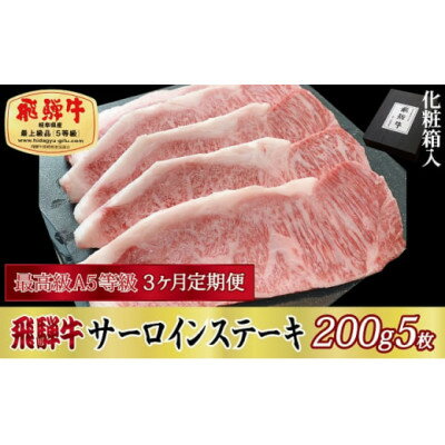 【ふるさと納税】【毎月定期便】化粧箱入 最高級A5等級 飛騨牛 サーロインステーキ 200g×5枚 全3回【配送不可地域:離島】【4053806】