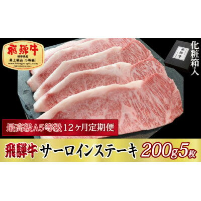 【ふるさと納税】【毎月定期便】化粧箱入 最高級A5等級 飛騨牛 サーロインステーキ 200g×5枚 全12回【配送不可地域:離島】【4053808】