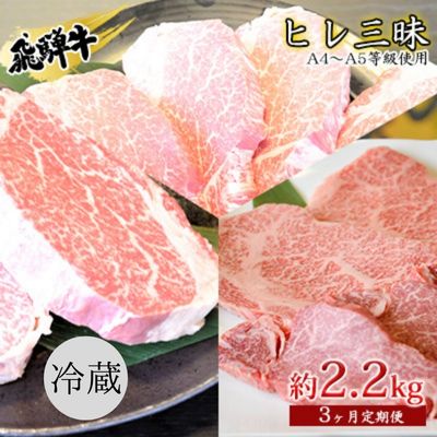 飛騨牛　ヒレ三昧　計2.2kg A4～A5等級使用（3ヶ月定期便）　【定期便・ お肉 牛肉 国産 ブランド和牛 希少部位 最高級部位 シャトーブリアン 霜降り ロース 真空パック 冷蔵 ヒレステーキ サイコロステーキ 焼肉用 】