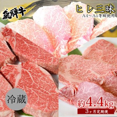 【ふるさと納税】飛騨牛　ヒレ三昧　計4.4kg A4～A5等級使用（3ヶ月定期便）　【定期便・ お肉 牛肉 国産 ブランド和牛 希少部位 最高級部位 シャトーブリアン 霜降り ロース 真空パック 冷蔵 ヒレステーキ サイコロステーキ 焼肉用 】