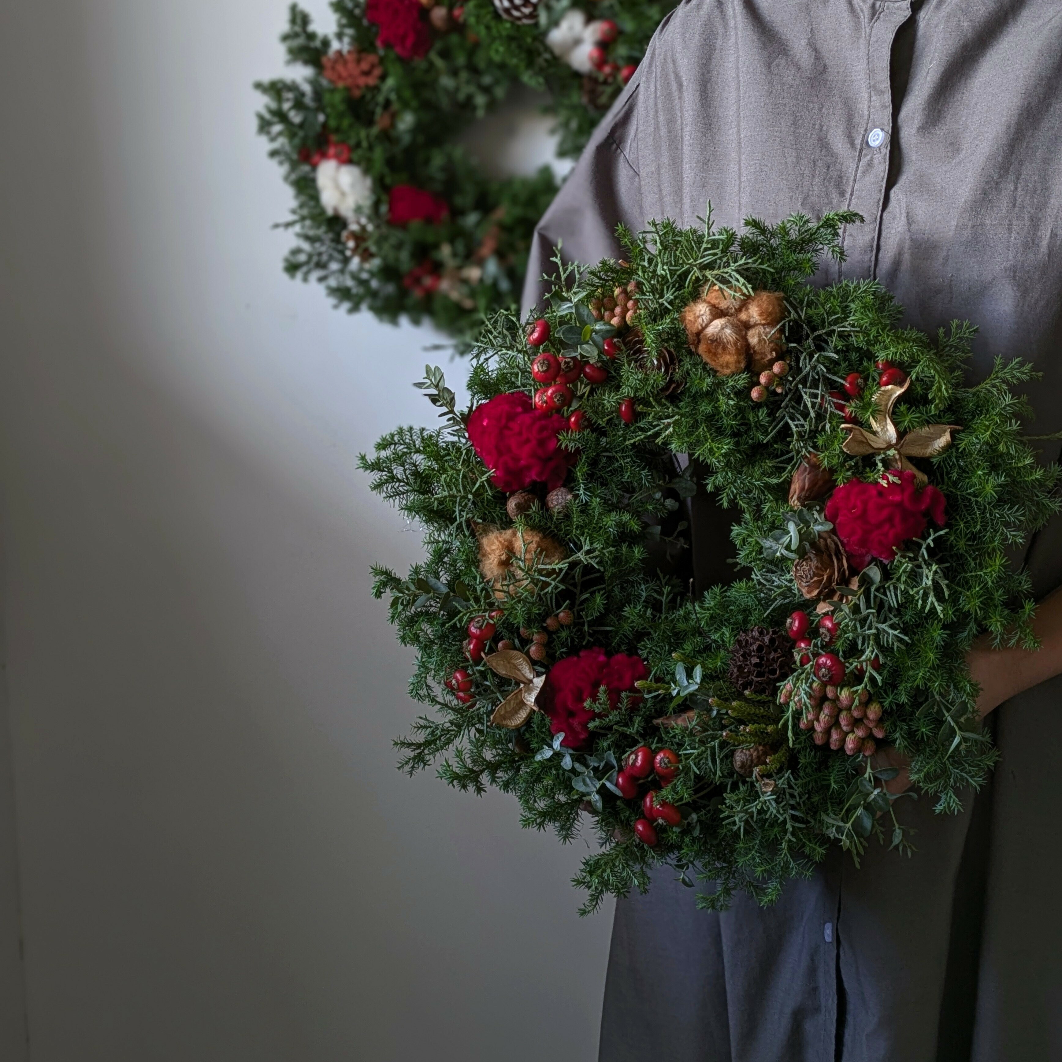 クリスマス リース 生花 ドライフラワー 針葉樹 ユーカリ インテリア メッセージ カード 付き 選べる タイプ ギフト プレゼント 送料無料 478