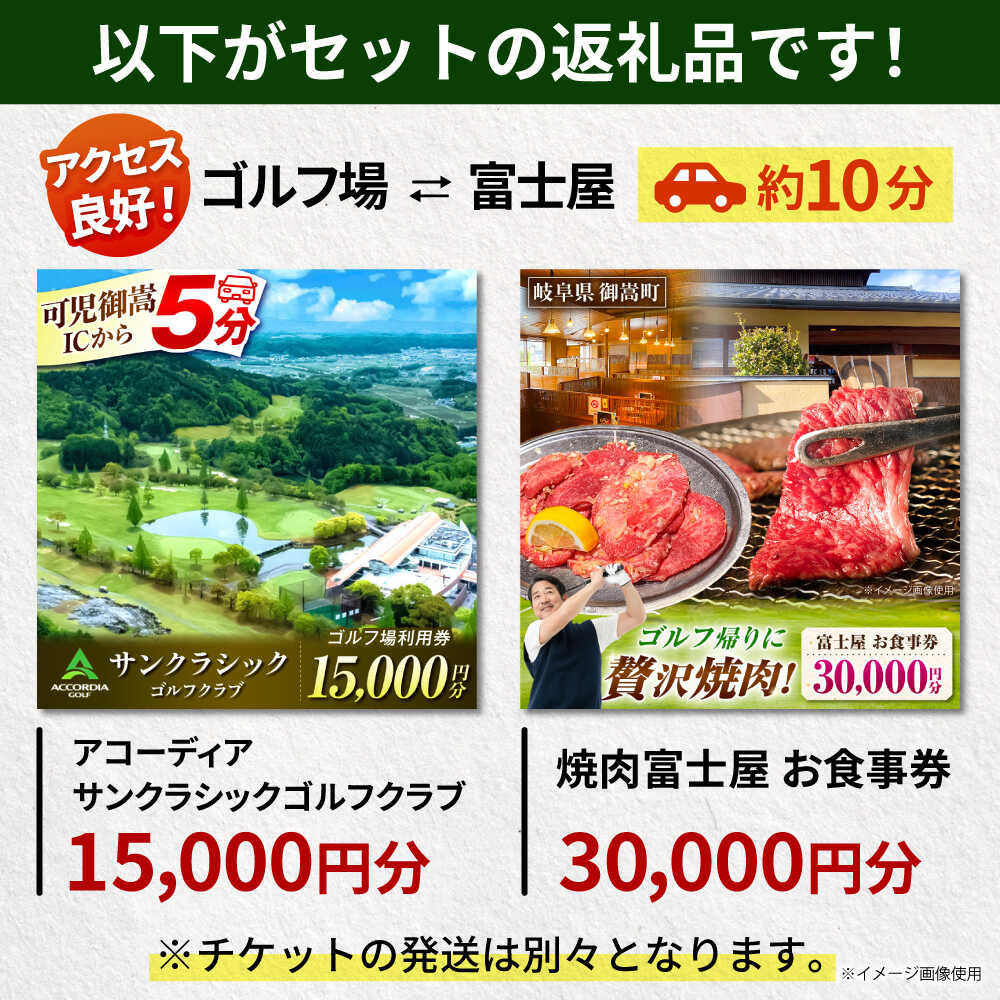 【ふるさと納税】アコーディア・ゴルフサンクラシックゴルフクラブ 利用券 × 焼肉富士屋 食事券 セット / ゴルフ場 焼肉 チケット / 岐阜県 御嵩町[AVBM025]