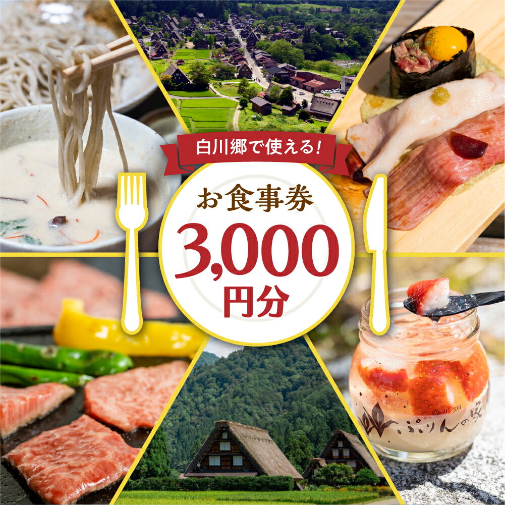 【ふるさと納税】共通 お食事券 3,000円分 チケット 岐阜 白川郷 白川村 世界遺産 観光 旅行 食事券 結旨豚 飛騨牛 定食 そば 飛騨 ディナー ランチ s398 白川村 白川郷 飛騨牛 など 人気の飲食店多数！･･･