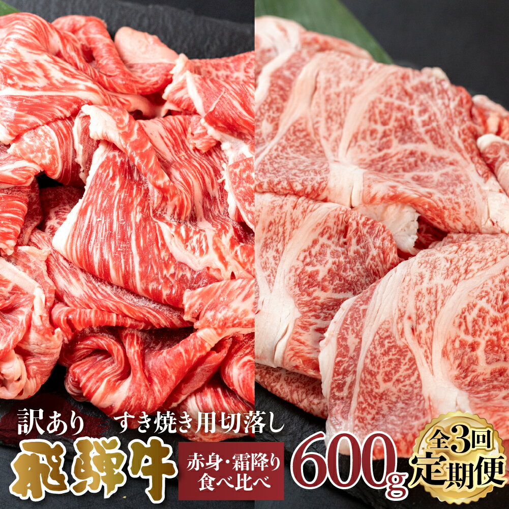 [ 定期便 ] 訳あり 飛騨牛 切落し 3回 計1.8kg ( 600g ×3回 ) 切り落とし 赤身 300g 霜降り 300g 部位お任せ 肉 牛肉 お肉 和牛 冷凍 岐阜県 等級 お任せ 炒め物 牛丼 国産 不揃い ブランド牛 60000円 [S607]