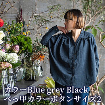 【ふるさと納税】ネップミックスタンガリ—　Vネックブラウス（Blue grey Blackべっ甲カラーボタン遠州織物サイズ2）　【 ファッション 女性 レディース アパレル 洋服 普段使い お出かけ 】