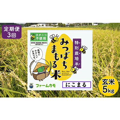 【ふるさと納税】【定期便3回】雄踏ファームカモ産 玄米「みつばちまもる米」5kg（品種：にこまる）（3ヶ月連続・合計15kg）　【定期便・ お米 ブランド米 ご飯 おにぎり お弁当 産地直送 1等米 】　お届け：2023年11月中旬～2024年6月末