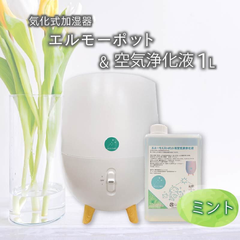 加湿器 気化式「エルーモポット& 空気 浄化液 1L( ミント )」セット ウイルス 対策 消臭 除菌 抗菌