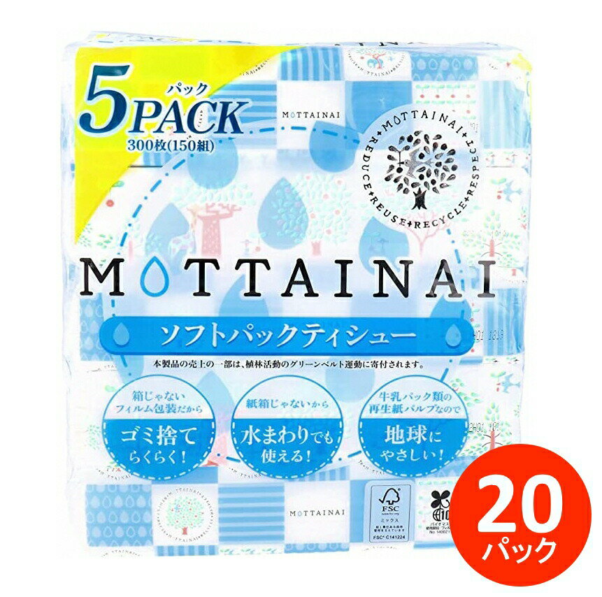 ティッシュ カルタス MOTTAINAIソフトパック 150組(300枚)×20箱 送料無料 静岡県 富士宮市