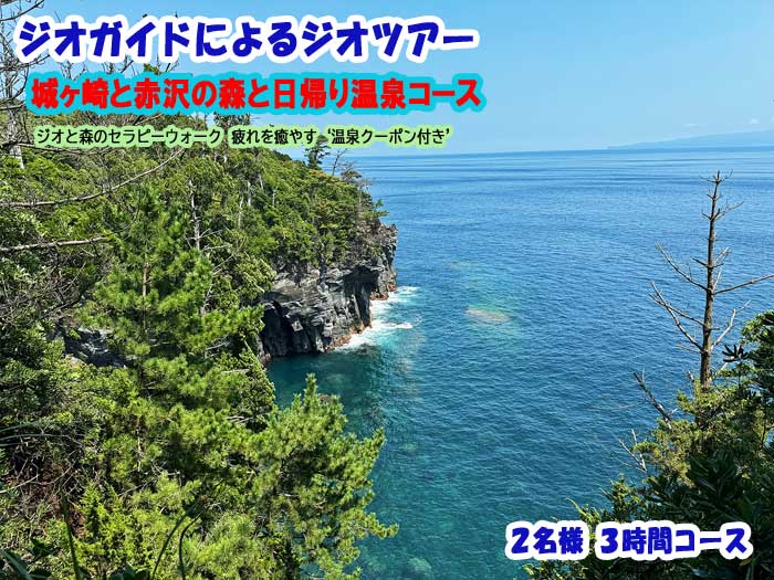 ジオガイドによるジオツアー 城ヶ崎、赤沢の森と日帰り温泉コース 2名様 3時間コース