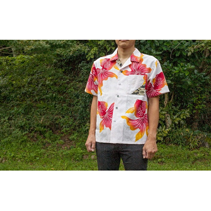 島田帯シャツ ピンク金魚柄 LL ファッション 服 半袖 開襟シャツ 夏の普段着 正装 和文化 浴衣地 伝統の帯 カジュアル フォーマル 綿 麻 男性 メンズ 静岡県島田市