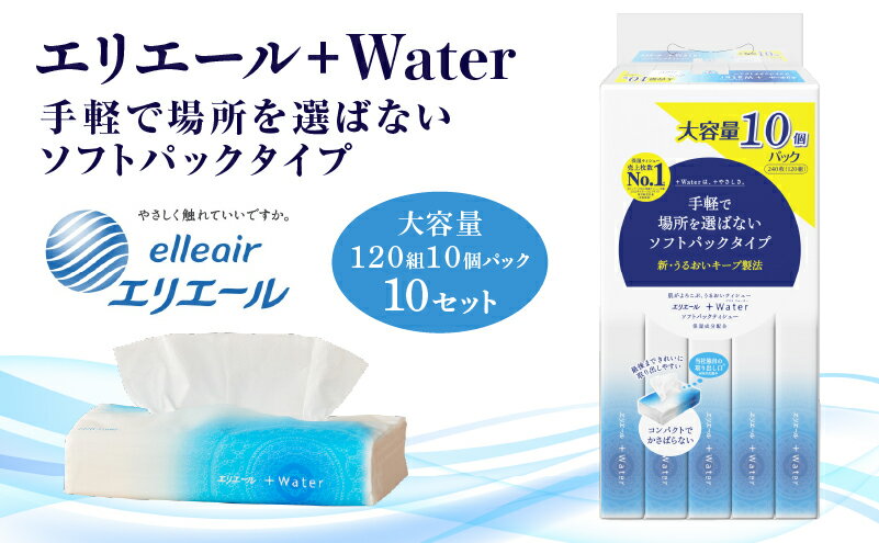 【ふるさと納税】【ふるさと納税】エリエール+Water（プラスウォーター）ソフトパックティシュー120組10パック 10セット 保湿　【 日用品 ティッシュ ストック 柔らかな肌触り 保湿成分配合 なめらか 保湿ティッシュ 】