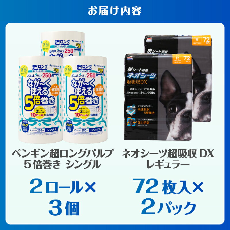 【ふるさと納税】 ペットシーツ＆トイレットペーパー 備蓄ボリュームセット ネオシーツ 72枚入 強力消臭 ペンギン超ロング 5倍巻き 超吸収 超長巻 防災セット 日用品 詰合せ 非常時 災害 防災 備蓄 消耗品 生活用品 富士市 [sf002-537]