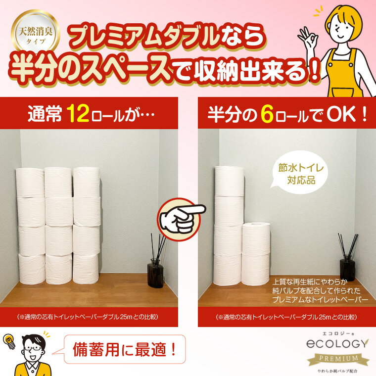 【ふるさと納税】トイレットペーパー 「エコロジープレミアム」2倍巻き ダブル 96個 (12ロール × 8パック) (1ロール 50m) 大容量 長持ち 防災 備蓄 SDGs 処分もらく クラフト包装 ふんわり 消臭 ベビーローズの香り純パルプ配合 特種東海エコロジー 富士市 日用品(a1572)