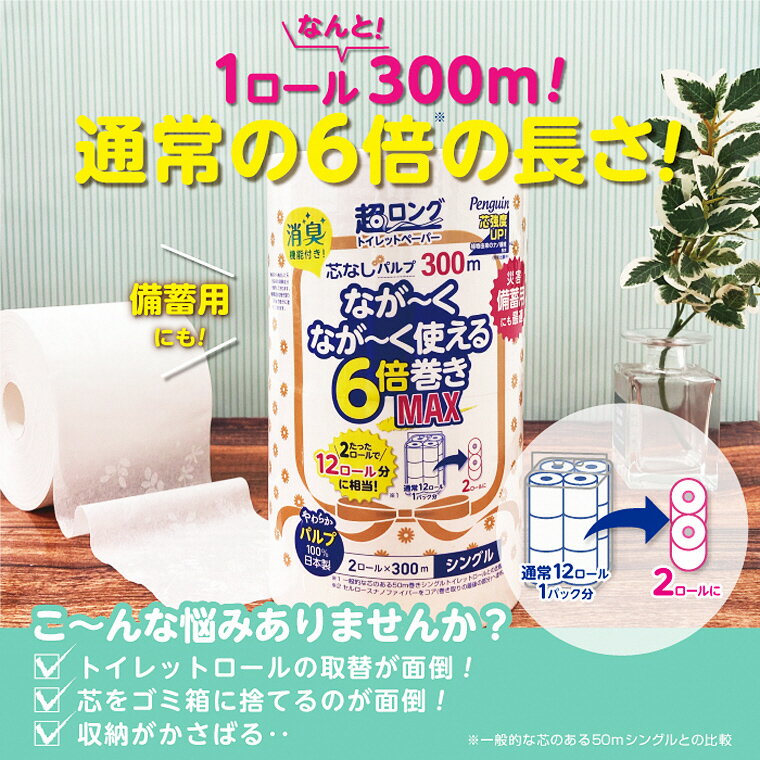 【ふるさと納税】トイレットペーパー 「ペンギン」 シングル 芯なし 6倍 超長巻き MAX 16個 (2ロール × 8パック) (1ロール 300m) 128ロール同等 パルプ100％ 超ロング 芯なし 無香料 エコ 長持ち 丸富製紙 富士市 日用品 無地・無色 無香 長巻き 芯なし パルプ配合 (a1869)