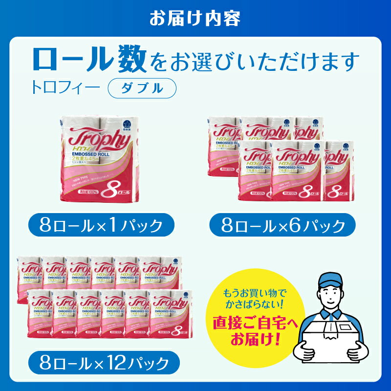 【ふるさと納税】 トイレットペーパー ダブル 8〜96ロール (8個 × 1/6/12パック) トロフィー 日用品 消耗品 備蓄 長持ち 大容量 エコ 防災 個包装 消耗品 生活雑貨 生活用品 生活必需品 柔らかい 紙 ペーパー 再生紙 富士市 [sf077-024-026]