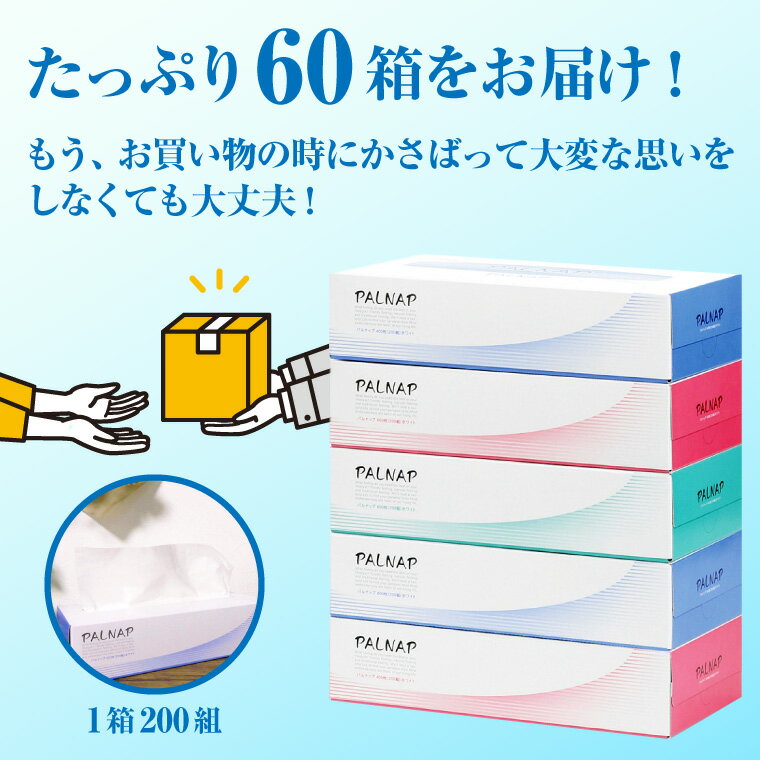 【ふるさと納税】ボックスティッシュ 「スリムパルナップ」 60箱 (5箱 × 12パック) (200組 400枚) パルプ100％ 富士山天然水使用 安心 国産 やわらか 大容量 防災 備蓄 生活用品 イデシギョー 富士市 日用品 (a1086)