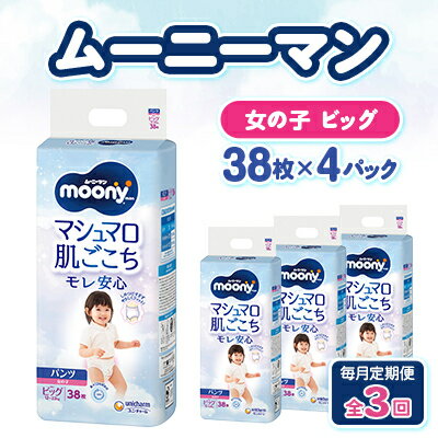 【ふるさと納税】【毎月定期便】ムーニーマン マシュマロ肌ごこちモレ安心 女の子 ビッグ 38枚×4パック全3回【配送不可地域:離島・沖縄県】【4075526】