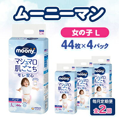 【ふるさと納税】【毎月定期便】ムーニーマン マシュマロ肌ごこちモレ安心 女の子 L 44枚×4パック全2回【配送不可地域:離島・沖縄県】【4075530】