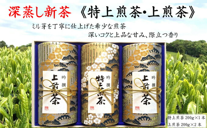 【ふるさと納税】深蒸し新茶《特上煎茶[200g×1本]・上煎茶[200g×2本]》缶3本 おすすめ 銘茶 ギフト 贈り物 人気 厳選 袋井市　【お茶・緑茶】　お届け：2023年5月上旬～2024年4月下旬