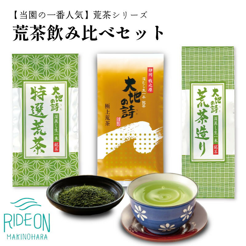 「荒茶」とは、茶畑でとれた茶葉をそのまま加工したお茶のことです。 茶農家が生葉を摘み取り、荒茶と呼ばれるお茶まで加工します。 本茶、茎茶、芽茶、粉茶のすべてが入っており、独特な風味と水色、まろやかな味がお楽しみいただけます。 昔から茶農家は荒茶の状態でお茶を飲んでいました。荒畑園は、茶農家でありかつ、自社で製茶工場を保有しておりますので、このお茶本来の豊かな味わいを持つ荒茶を、直接みなさんにお届けすることができるのです。また、商品化までの行程が短いため、煎茶よりもお安く提供できるのです。うまみたっぷりで、お値段もお手頃。家でがぶがぶ飲んでも、納得のコストパフォーマンスです。 さらに荒畑園は、自社で畑から管理・栽培しておりますので、茶葉の品質には自信を持っております。おかげさまで荒畑園の荒茶は常に一番人気の商品です！ 【極上荒茶】は4月の末のやわらかい新芽を丁寧に摘み取り、茶師がやさしく揉み上げます。 葉も芽も茎もまだとてもやわらかいので、味も甘みやコクが深くうまみが凝縮したとろみのある、まさに極上の味です。湯飲みに注いだ色もグリーン色が深く、コクがあって美味しいお茶をお探しの方、お茶通の方におすすめです。100g入りです。 【特選荒茶】は極上荒茶の摘み取りから5日程後から摘み取り、新芽が10cmくらい伸びたところを、一芯三葉で摘み取ります。芽も程よく伸び、葉のうまみと茎の香りのバランスは逸品です。当園売上げNo.1です。150g入りです。 【荒茶造り】は新芽が15cm程にまで育ったところで摘み取ります。この大きさにまで育った新芽は揉みあげるほどにお茶らしい渋みが出て、この渋みが新芽独特の甘みをさらに引き立てます。ちょっと渋いお茶が好きな方におすすめです。また、たっぷり飲まれるご家庭用や会社用などに人気の商品です。200g入りでお得です。 【荒畑園の土づくりへのこだわり】 ●自然還元農法　もみがら堆肥 毎年秋になるともみがらと米ぬか、菜種粕などを土壌有効微生物菌とともに発酵させ、もみがら堆肥作りを行います。2ヶ月間かけて発酵させることで、うまみ成分の「アミノ酸」がたっぷりと生成され、畑に均一に撒くことで土壌を豊かにする農法です。 ●世界農業遺産　茶草場農法 茶草場（ちゃぐさば）とは、茶園に有機物として投入するササやススキ等の草を刈り取る半自然草地です。茶草場から刈り取った草を茶園に敷く農法は、より高品質なお茶を生産します。荒畑園は、牧之原市より実践者第一号として認定されました。 【上質な茶葉を活かす深むし製法】 日照時間の長い牧之原台地で育った肉厚で栄養たっぷりな茶葉を活かすため、普通煎茶より3倍から4倍長く蒸す「深むし茶」の製造を行っております。長く蒸すことにより、組織が分解され、タンニン（苦渋味）含量が減り、アミノ酸のテアニン（甘み）が増してまろやかなお茶に仕上がります。茶葉は細かくなりますが、きれいな深いグリーン、まろやかな甘みと深いコクが特徴です。 大地の恵みに感謝しながら日本一のお茶づくりに励んでおります。 （荒畑園） 商品説明 名称 048-25　お茶の荒畑園　一番人気荒茶飲み比べセット 産地 静岡県牧之原市 内容量 ・極上荒茶（100g） ・特選荒茶（150g） ・荒茶造り（200g） 販売事業者 株式会社荒畑園 ・ふるさと納税よくある質問はこちら ・寄付申込みのキャンセル、返礼品の変更・返品はできません。あらかじめご了承ください。