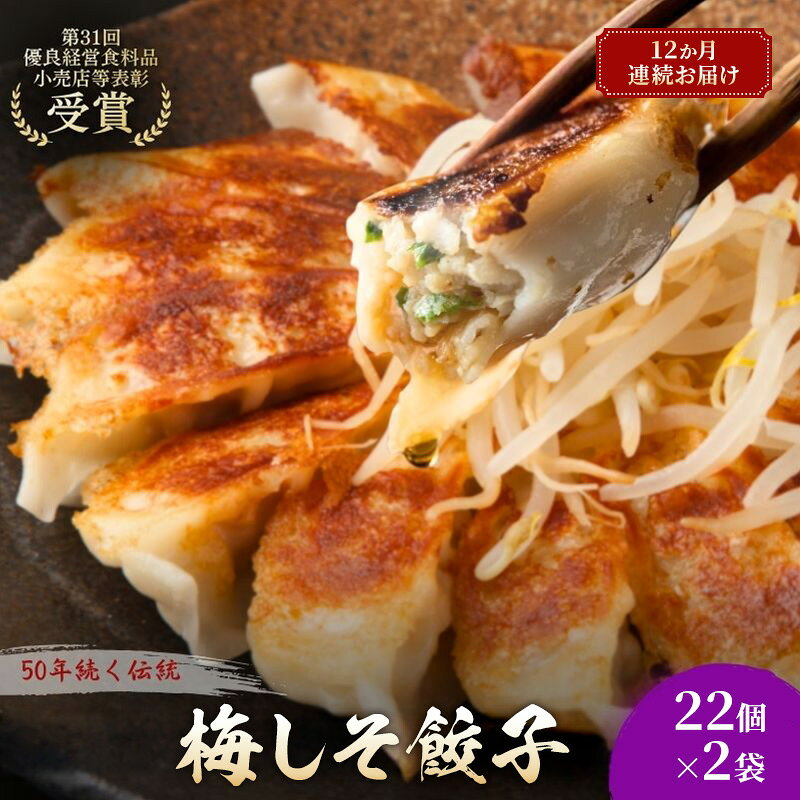 名称冷凍餃子（梅しそ）内容量梅しそ餃子22個入×2袋　(計44個)タレつき12か月連続でお届けします。加工地：周智郡森町原材料キャベツ(国産)、豚肉、大葉、赤しそ、にんにく、生姜、醤油、胡麻油、食塩、胡椒、糖類(ぶどう糖、砂糖) 風味原料(そうだがつおぶし粉末、かつおぶし粉末、かつおエキス)、酵母エキス、たん白加水分解物、皮(小麦粉、馬鈴薯澱粉、小麦たん白、食塩)、タレ(醤油、醸造酢、本みりん、胡椒)/酒精、調味料(アミノ酸等)、(一部に小麦・大豆を含む)賞味期限別途記載保存方法要冷凍-18℃以下製造者花嶋 祐明（花ぎょうざ）　静岡県周智郡森町一宮2025-6事業者花ぎょうざ配送方法冷凍配送備考※画像はイメージです。※入金確認月の翌月から12か月連続でお届けします。※到着後はすぐに冷凍庫（-18℃以下）で保存してください。※本品には梅干しや梅肉そのものは入っておりません。 ・ふるさと納税よくある質問はこちら ・寄附申込みのキャンセル、返礼品の変更・返品はできません。あらかじめご了承ください。 新着商品はこちら2026/8/27サー・トーマス・リプトン ダージリン PP個包12,000円2026/8/27サー・トーマス・リプトン ダージリン PP個包8,000円2026/8/25老舗濃厚チーズケーキ スティック 5本セット 9,000円再販商品はこちら2026/8/27静岡県森町被災支援寄附金1,000円2026/8/27森の抹茶野乃　お点前セット お茶 緑茶 14,000円2026/8/27秋の味覚　遠州森の治郎柿　お届け：2025年113,000円ショップトップ&nbsp;>&nbsp;カテゴリトップ&nbsp;>&nbsp;加工品2026/08/27 更新 【ふるさと納税】梅しそ餃子44個(22個×2袋)12か月連続お届け 餃子 冷凍餃子 冷凍ギョーザ 手作り餃子 ギョーザ 点心 中華 中華料理 惣菜 簡単調理 加工食品 静岡県 森町 「大葉と赤しそが香る、和の心を感じる餃子」香り豊かな「大葉」と「赤しそ」を贅沢に使用した、女性にも人気のさっぱりとした餃子です。一口食べれば、しその爽やかな香りが鼻に抜け、あとからかつお出汁の深い旨味がじんわりと広がります。■こだわりの「かつお出汁」仕立てただの梅味ではありません。厳選したかつお出汁で味を整えることで、タレなしでも美味しく召し上がれるほどのコクと深みを持たせました。食欲が落ちやすい時期や、いつもの餃子に変化をつけたい時にもぴったり。 寄附金の用途について 1．移住交流促進活性化事業 2．遠州の小京都まちづくり事業 3．子育て・教育関連事業 4．町長におまかせ 受領証明書及びワンストップ特例申請書のお届けについて 入金確認後、注文内容確認画面の【注文者情報】に記載の住所にお送りいたします。発送の時期は、入金確認後1～2週間程度を目途に、お礼の特産品とは別にお送りいたします。 ワンストップ特例申請書は、ご希望の方のみにお送りいたします。 ■　ワンストップ特例について ワンストップ特例をご利用される場合、1月10日までに申請書が下記住所まで届くように発送ください。 　〒430-7712 静岡県浜松市中央区板屋町111－2浜松アクトタワー12階 　レッドホースコーポレーション株式会社 　ふるさと納税サポートセンター　「森町ふるさと納税 」　宛 マイナンバーに関する添付書類に漏れのないようご注意ください。 おすすめの返礼品はこちら梅しそ餃子44個6か月連続お届け 餃子 冷凍餃57,000円梅しそ餃子88個12か月連続お届け 餃子 冷凍176,000円梅しそ餃子66個12か月連続お届け 餃子 冷凍144,000円