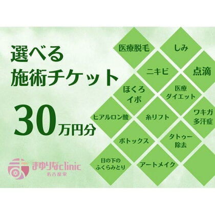 美容医療　脱毛・美肌　選べる！施術30万円分【組み合わせ自由】まゆりなclinic名古屋栄