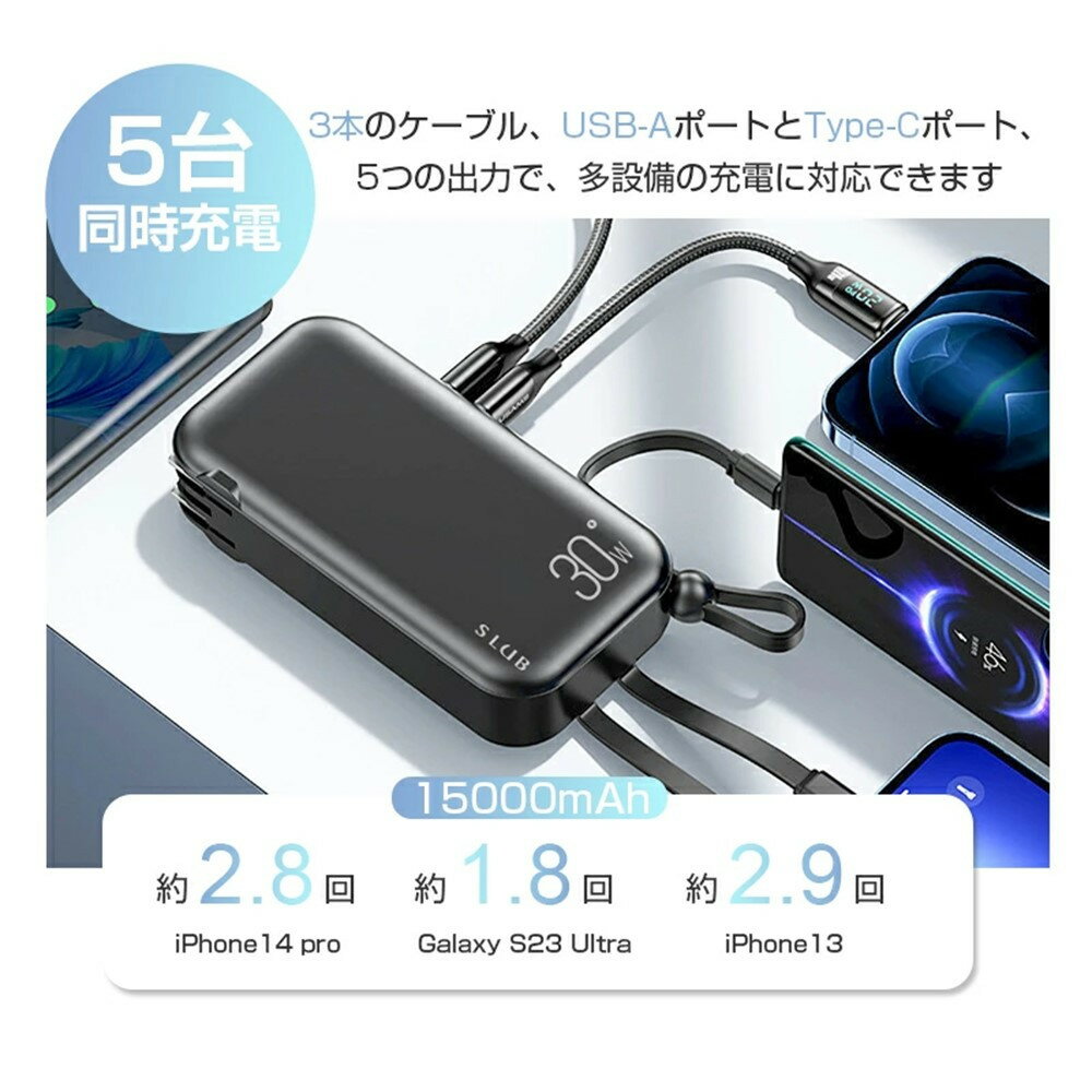 【ふるさと納税】モバイルバッテリー ACアダプター 15000mAh 55.5Wh 防災電源 コンセント一体型 Type-C出入力ポート+USB出力ポート+3本ケーブル内蔵 5台同時充電 PD20W 折りたたみ式プラグ iPhone/iPad/Android各機種対応 90日安心保証付き PSE認証済
