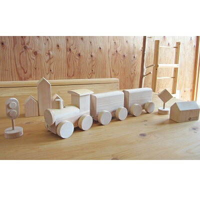 汽車と街セット(木製汽車1個、家4個、標識1個、汽車信号1個)